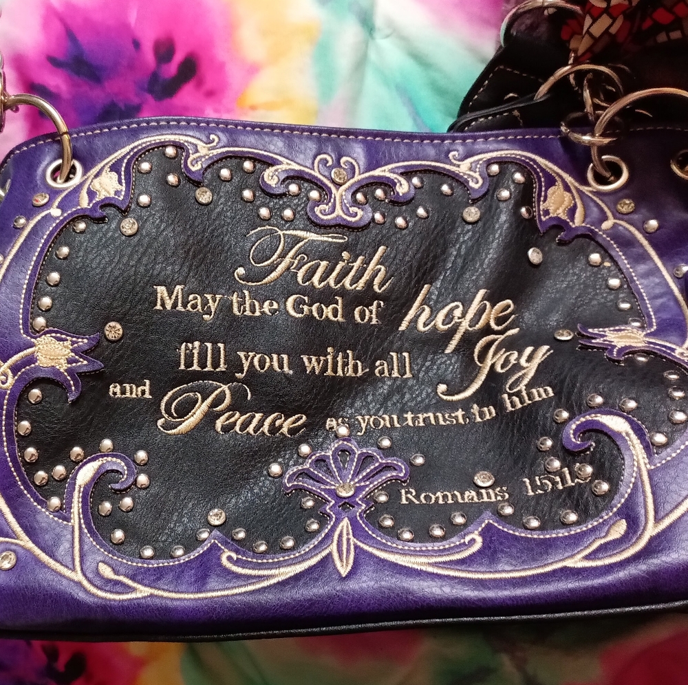 Concealed carry purse with Bible verse on the front